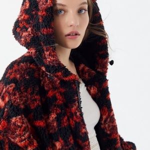 UO Wilma Floral Hooded Zip-front Teddy Jacket
